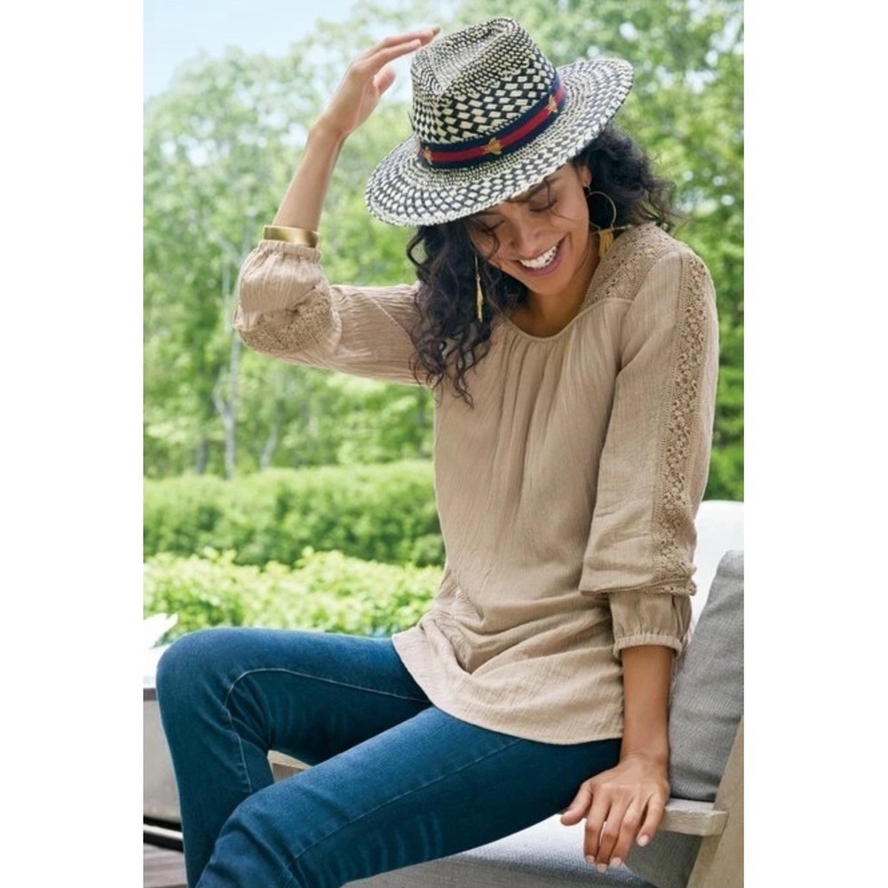 Soft Surroundings Women Small Peasant Top Blouse Asilah Tan Gauze Embroidered